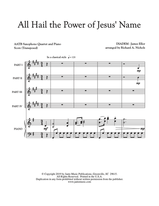 All Hail the Power of Jesus' Name - AATB Saxophone Quartet w/ piano