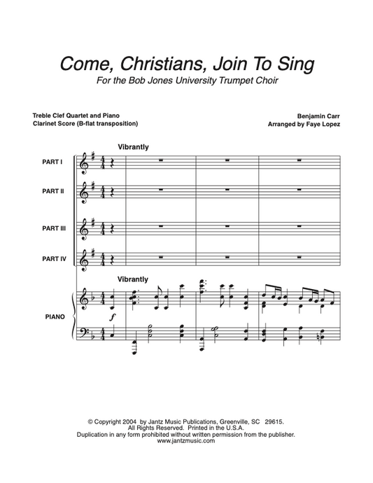 Come, Christians, Join to Sing - Clarinet Quartet w/ opt. singing
