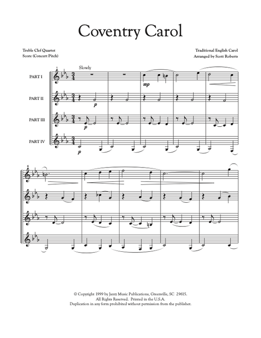 Coventry Carol - Combined Set of Flute/Clarinet/Trumpet Quartets, unaccompanied