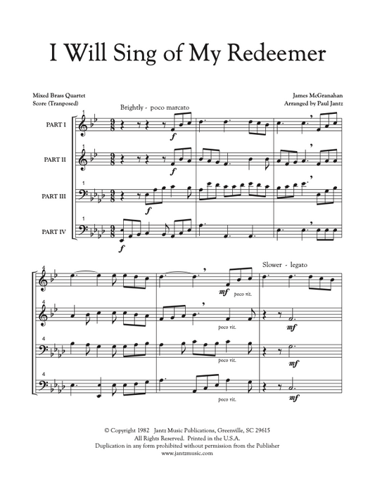 I Will Sing of My Redeemer - Mixed Brass Quartet