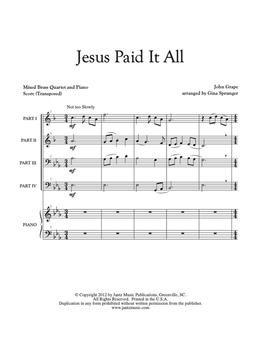 Jesus Paid It All - Mixed Brass Quartet w/ piano