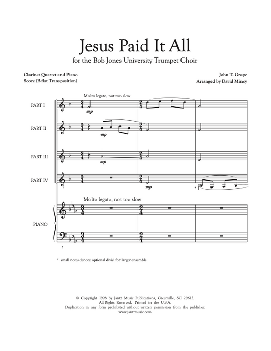 Jesus Paid It All - Clarinet Quartet