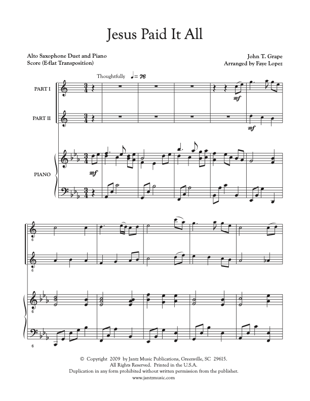 Jesus Paid It All - Alto Saxophone Duet
