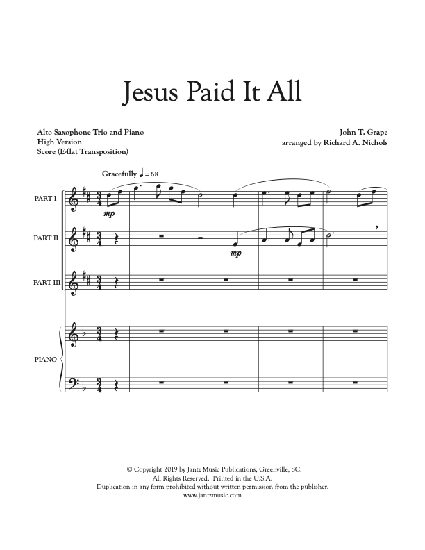 Jesus Paid It All - Alto Saxophone Trio