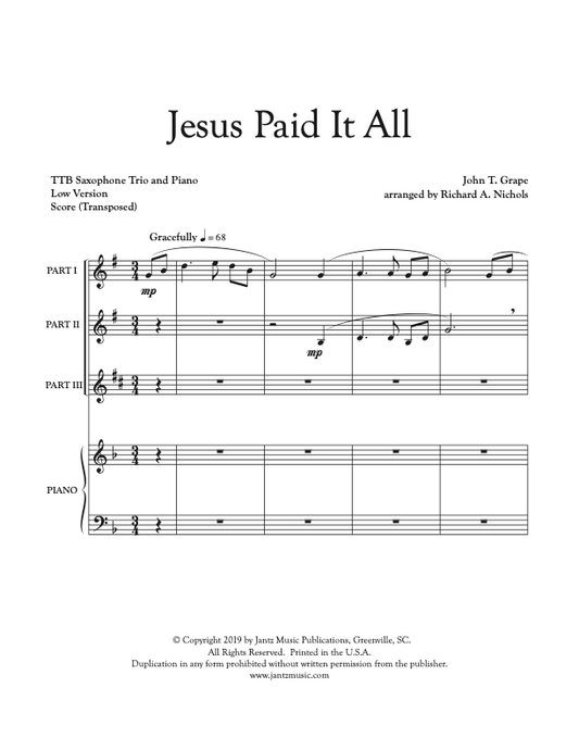 Jesus Paid It All - TTB Saxophone Trio