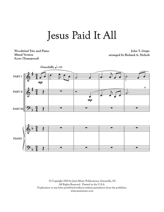 Jesus Paid It All - Mixed Woodwind Trio