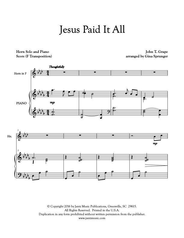 Jesus Paid It All - Horn Solo