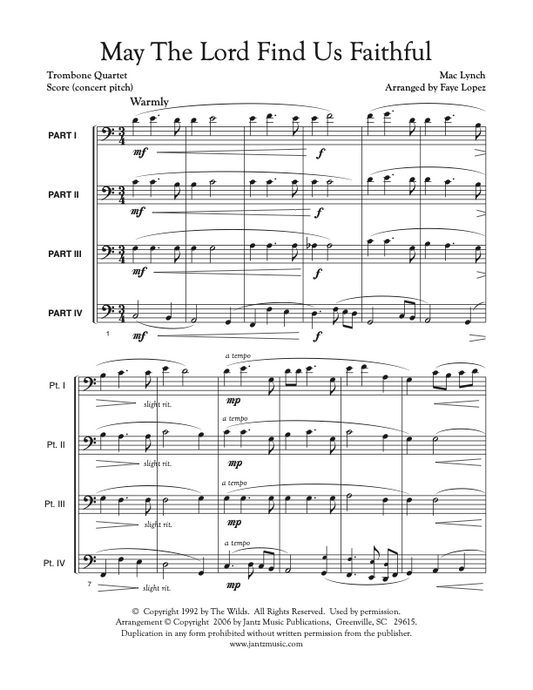 May the Lord Find Us Faithful - Trombone Quartet