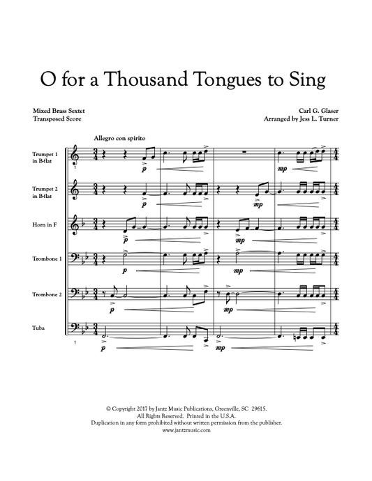 O for a Thousand Tongues to Sing - Mixed Brass Sextet