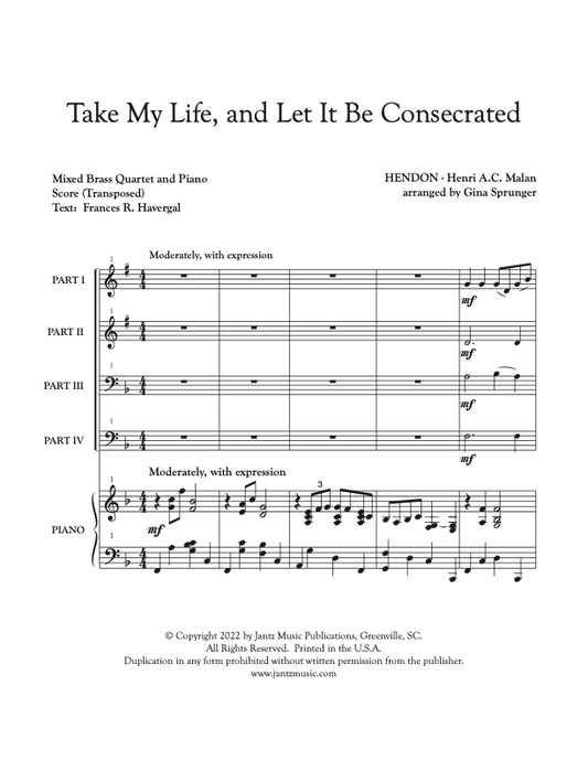 Take My Life, and Let It Be Consecrated - Mixed Brass Quartet w/ piano