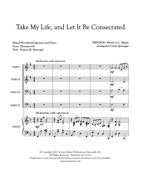 Take My Life, and Let It Be Consecrated - Mixed Woodwind Quartet w/ piano