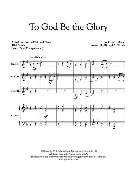 To God Be the Glory - Clarinet Trio