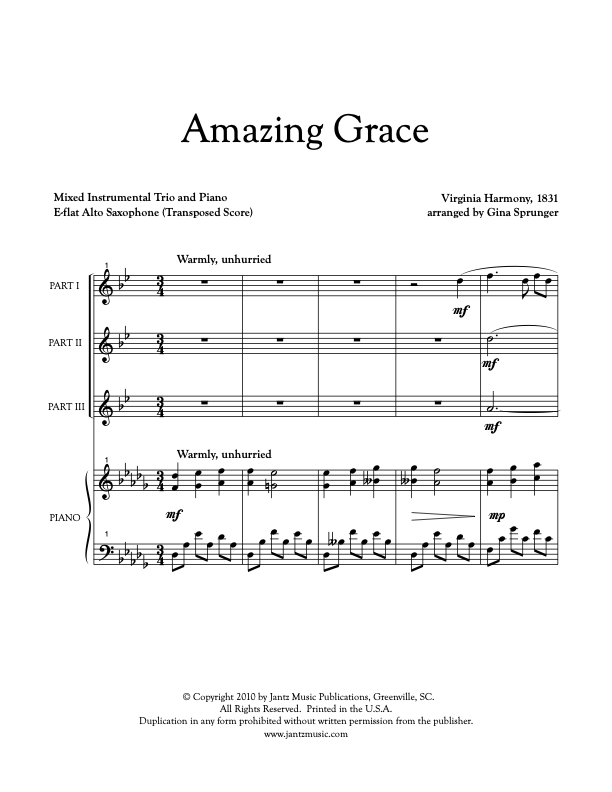 Amazing Grace - Alto Saxophone Trio – Jantz Music Publications