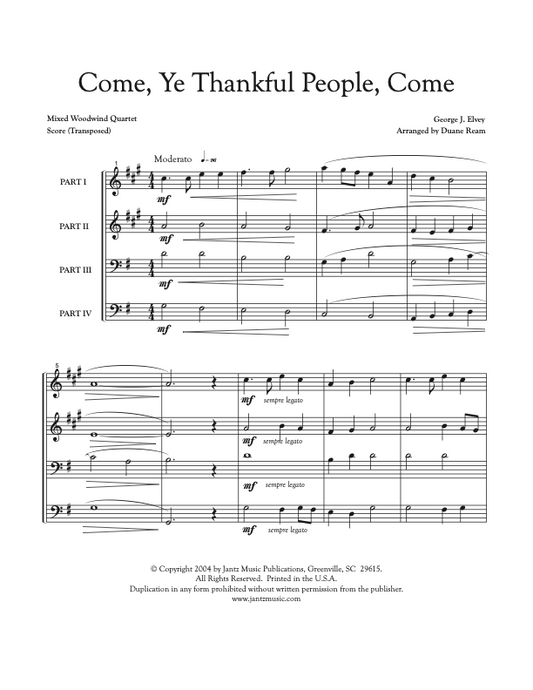 Come, Ye Thankful People, Come - Mixed Woodwind Quartet