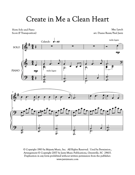 Create in Me a Clean Heart - Horn Solo