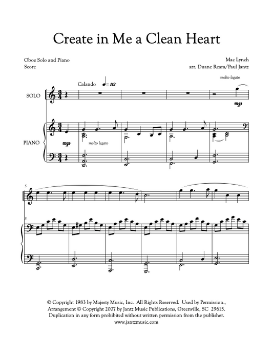 Create in Me a Clean Heart - Oboe Solo