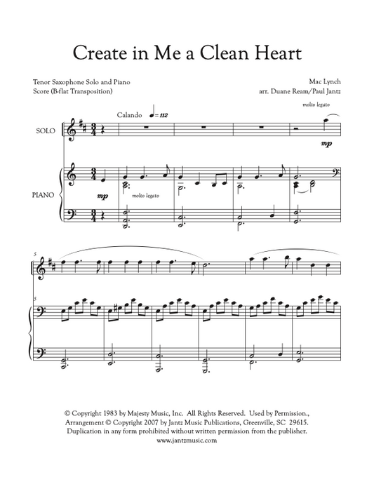 Create in Me a Clean Heart - Tenor Saxophone Solo