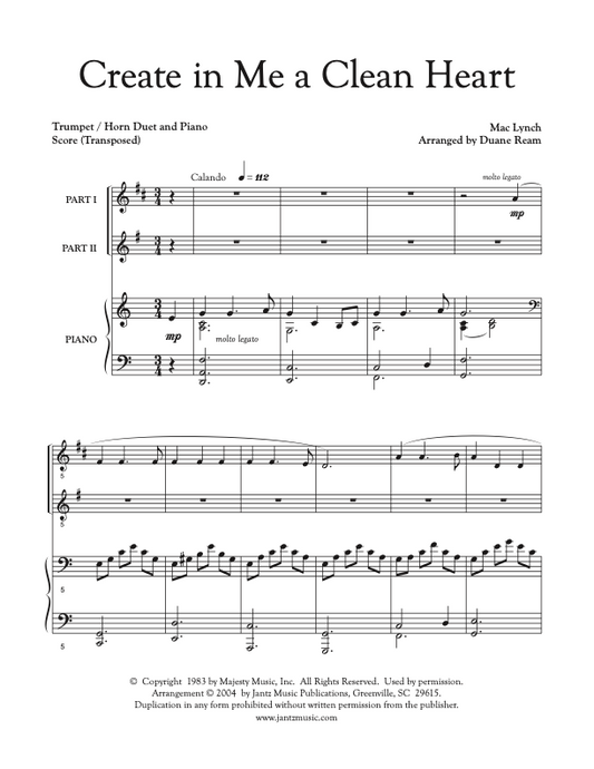 Create in Me a Clean Heart - Trumpet/Horn Duet