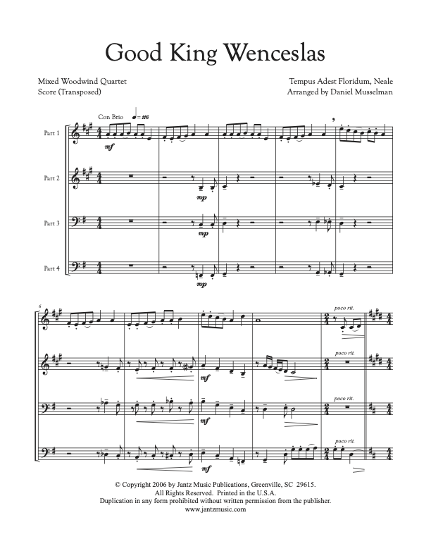 Good King Wenceslas - Mixed Woodwind Quartet