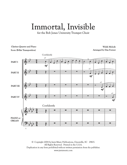Immortal, Invisible, God Only Wise - Clarinet Quartet w/ opt. organ