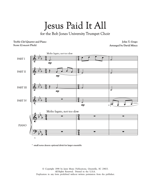 Jesus Paid It All - Combined Set of Flute/Clarinet/Trumpet Quartets