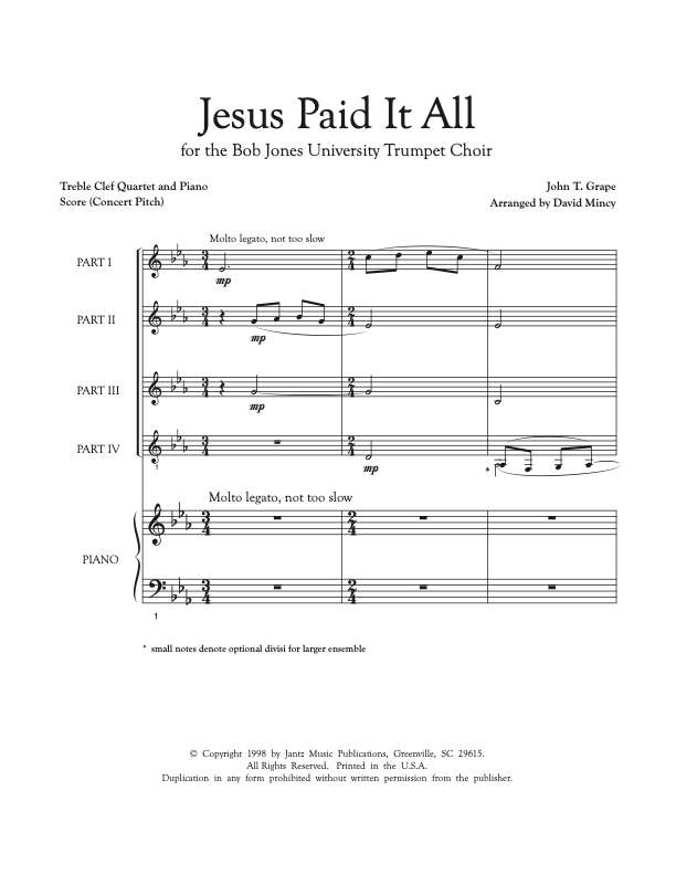 Jesus Paid It All - Combined Set of Flute/Clarinet/Trumpet Quartets
