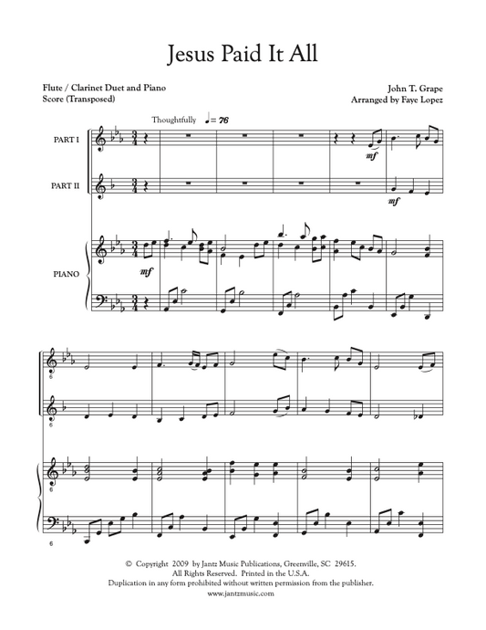 Jesus Paid It All - Flute/Clarinet Duet