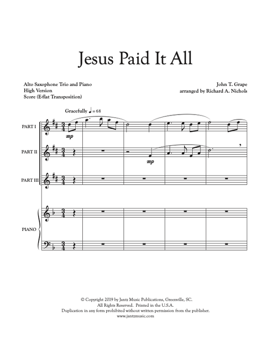 Jesus Paid It All - Alto Saxophone Trio