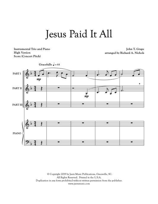 Jesus Paid It All - Combined Set of Flute/Clarinet/Alto Saxophone Trios
