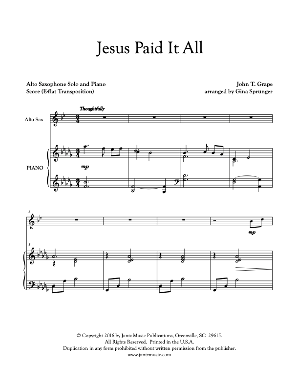 Jesus Paid It All - Alto Saxophone Solo