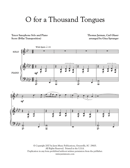 O for a Thousand Tongues to Sing - Tenor Saxophone Solo