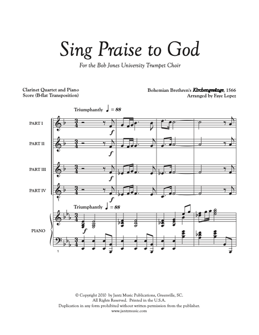 Sing Praise to God - Clarinet Quartet