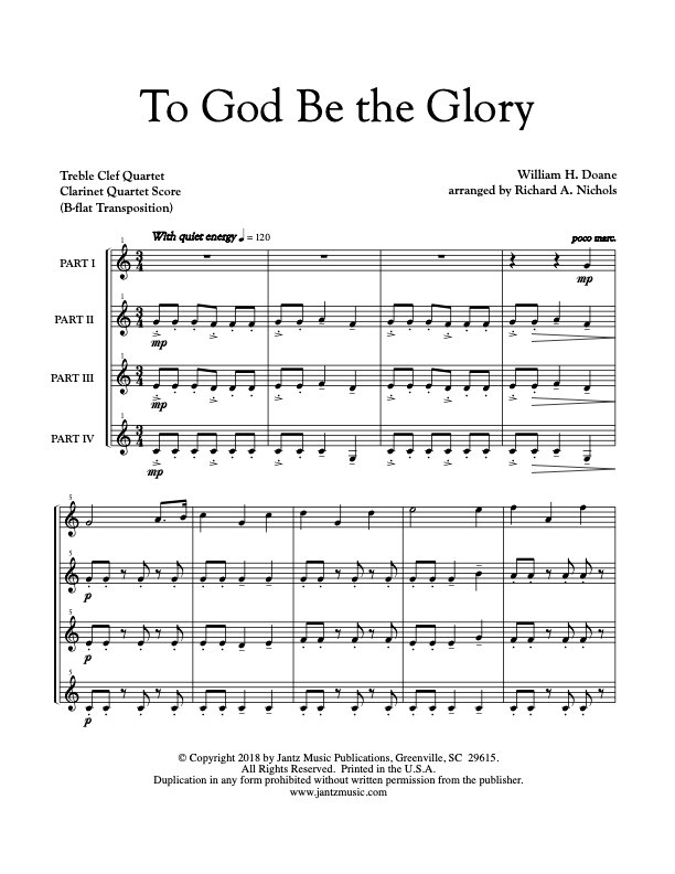To God Be the Glory - Clarinet Quartet, unaccompanied