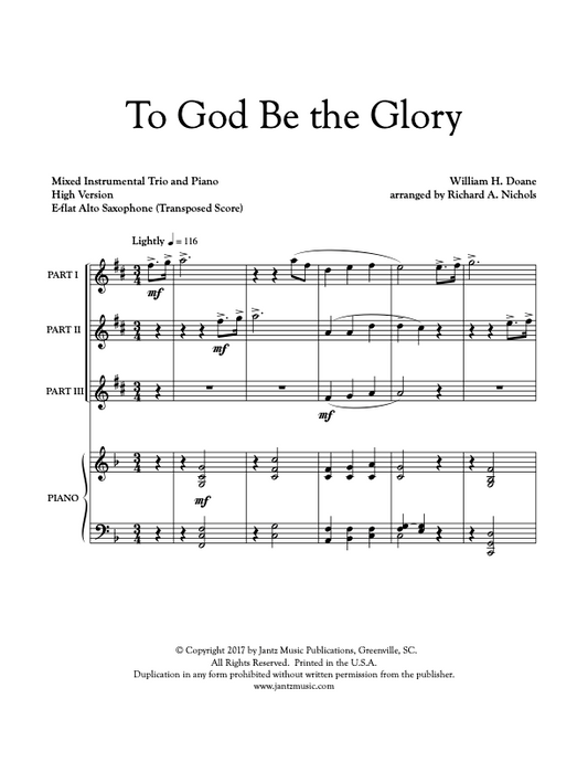 To God Be the Glory - Alto Saxophone Trio