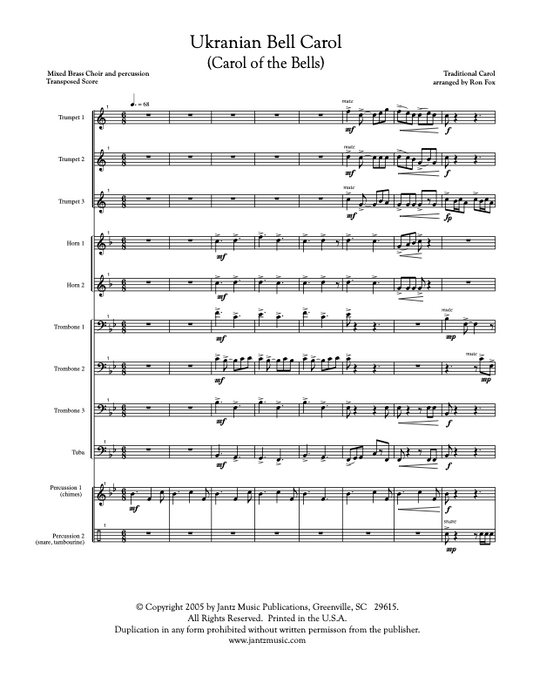 Carol of the Bells (Ukranian Bell Carol) - Mixed Brass Choir (323.01p)