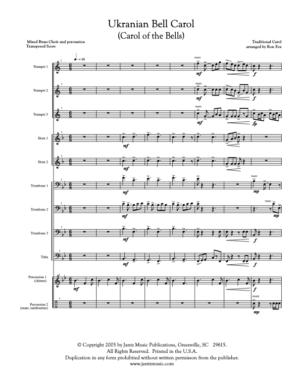 Carol of the Bells (Ukranian Bell Carol) - Mixed Brass Choir (323.01p)